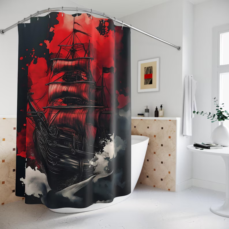Dramatic Pirate Ship Shower Curtain with red and black artistic design
