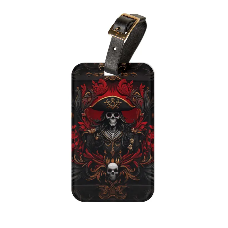 Skeleton Pirate Captain Bag Tag with ornate red and gold design