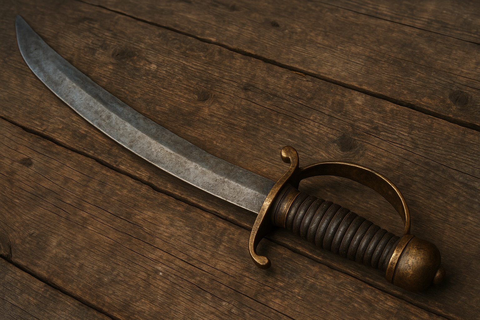 Traditional pirate cutlass with curved blade and brass guard