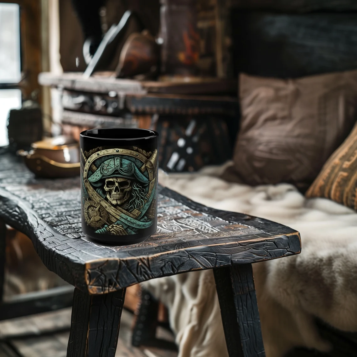Pirate Skull Coffee Mug with detailed pirate captain design in turquoise and gold