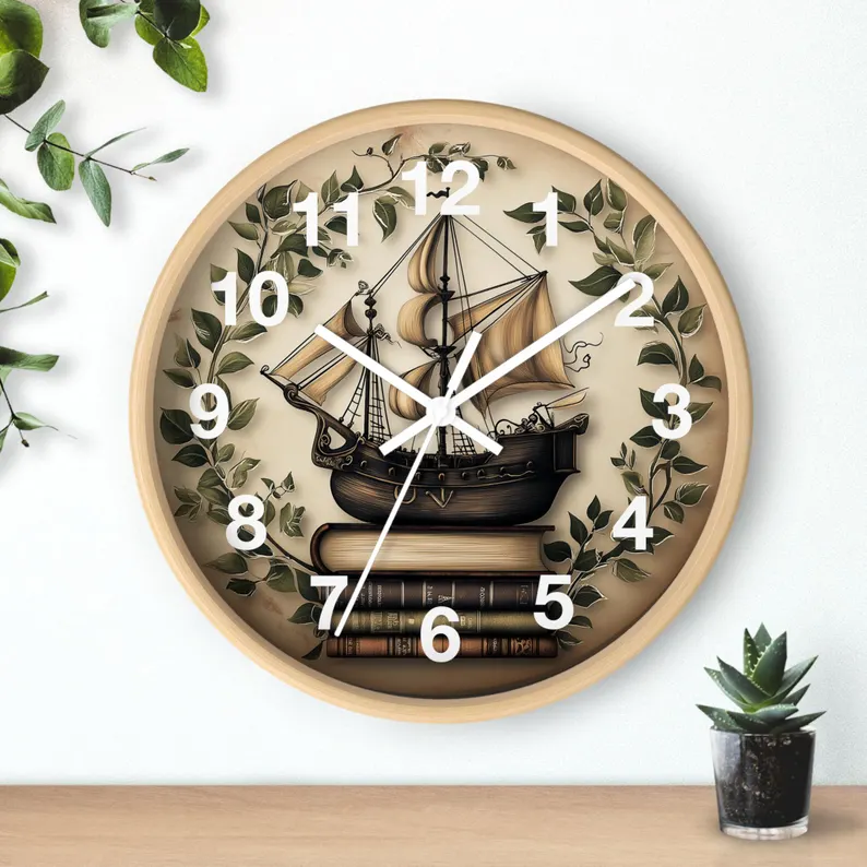 Bookish Pirate Ship 10" Round Wall Clock