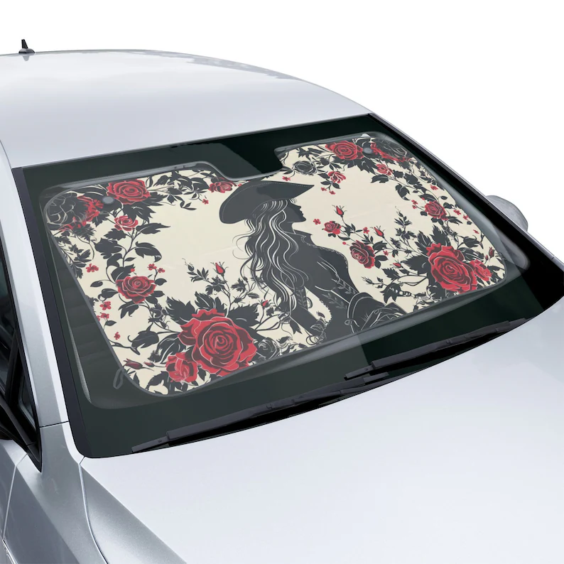 Pirate Woman's Car Sun Shade with elegant rose and silhouette design