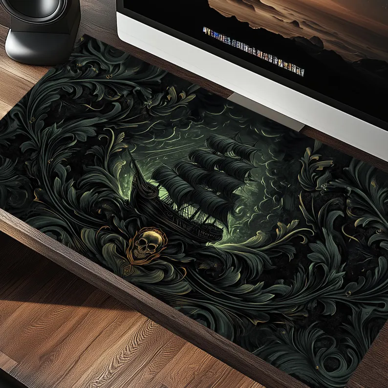 Pirate Ship and Skull Desk Mat in Swirls of Deep Green