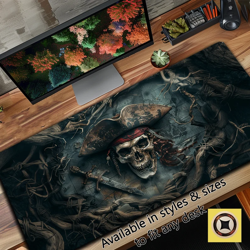 Pirate Skull and Vines Gaming Desk Mat with ancient map elements