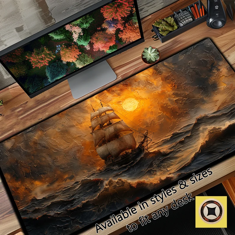 Rustic Pirate Ship on a Boisterous Sea Desk Mat with golden sunset
