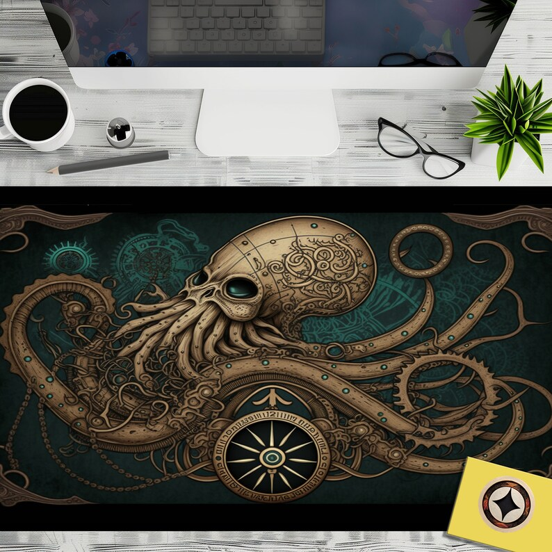 Pirate Kraken Decor Desk Mat featuring ornate octopus design with nautical compass