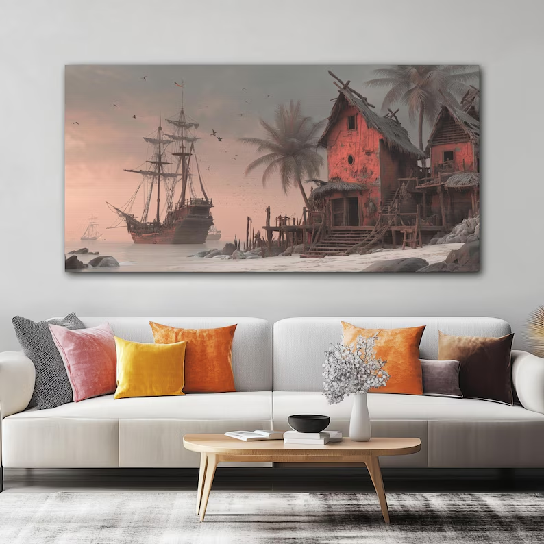 Pirate Haven at Dawn Canvas Art showing tropical ship and seaside village