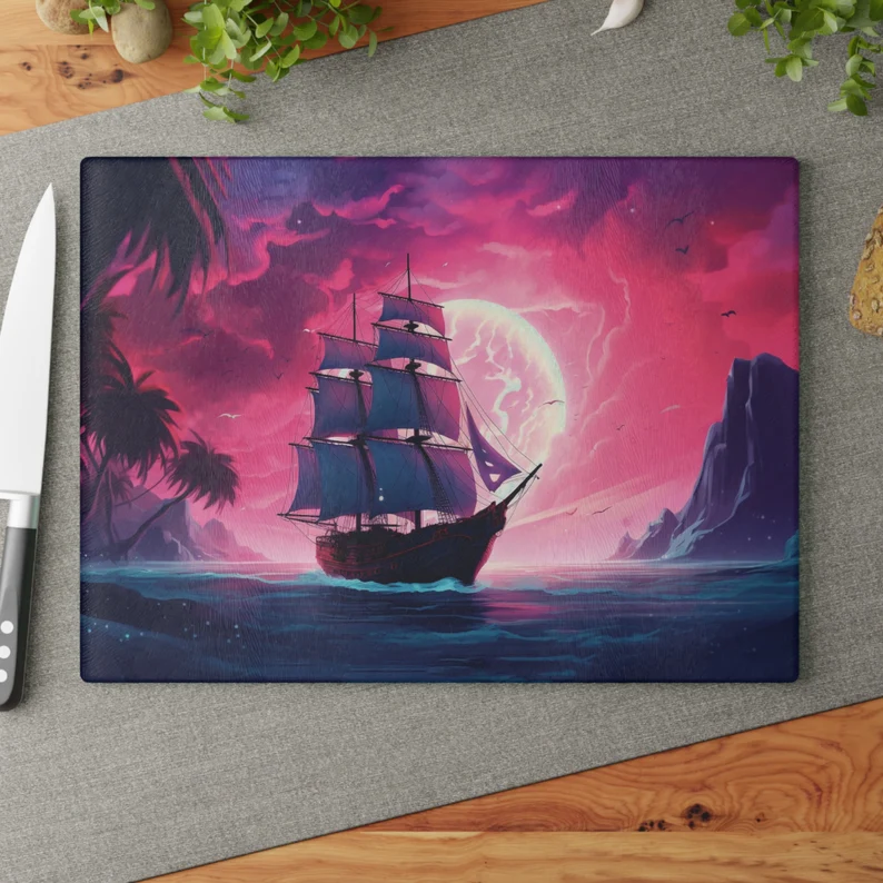 Electric Pink Pirate Ship Glass Cutting Board