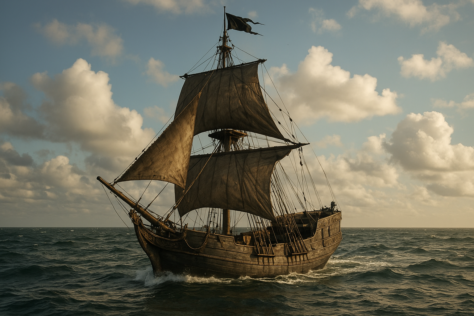 Single-masted sloop under sail with pirate flag