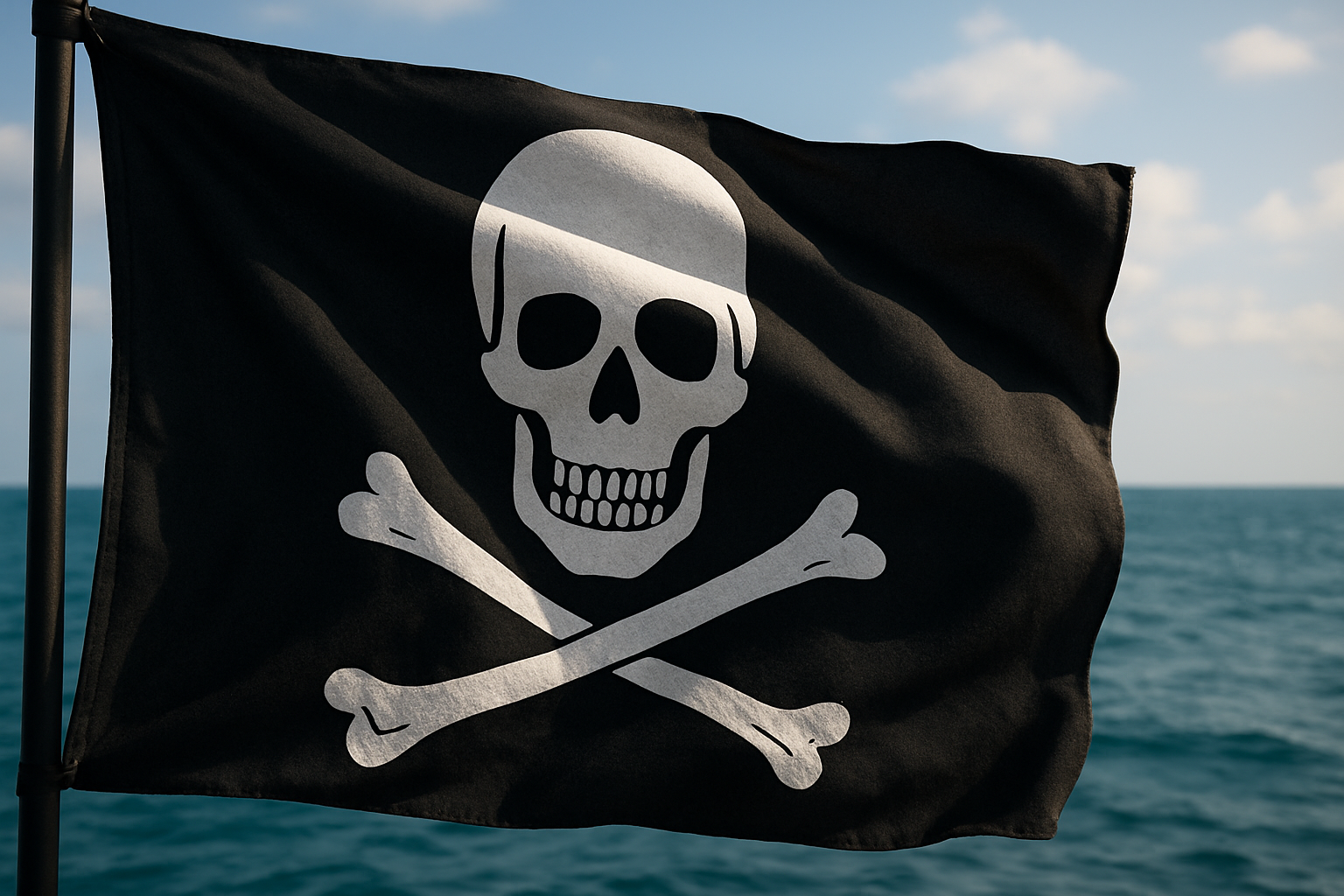 Traditional Jolly Roger flag with skull and crossbones against ocean background