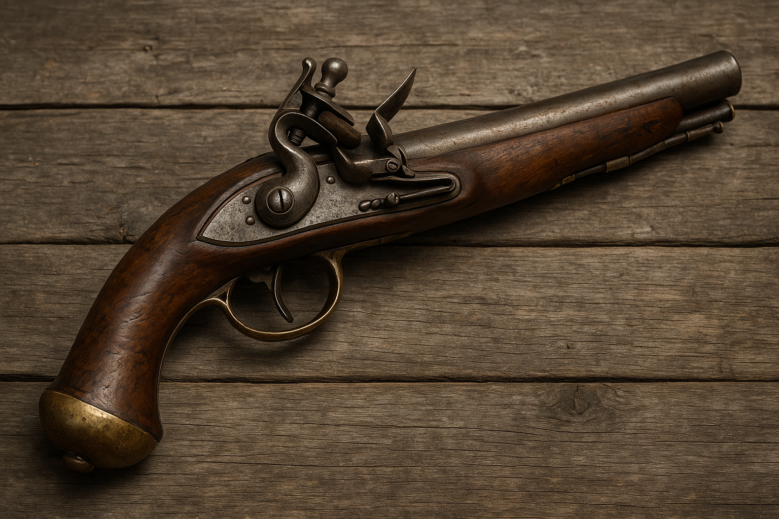 Traditional flintlock pistol with wooden stock and brass fittings