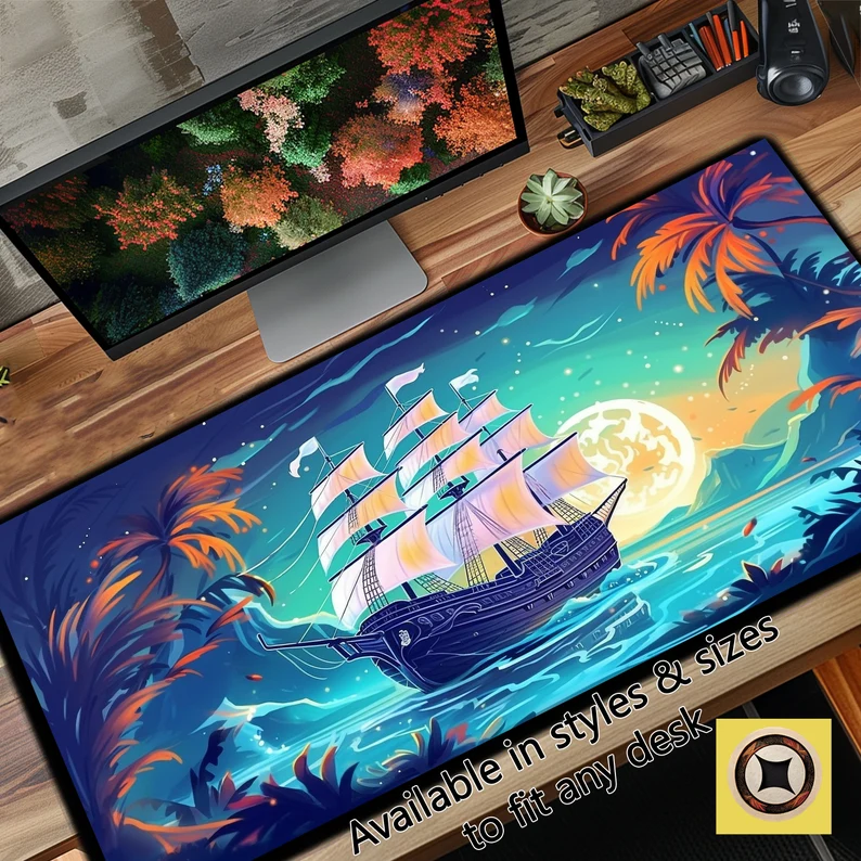 Cute Anime Pirate Ship Desk Mat with colorful tropical design and sailing ship