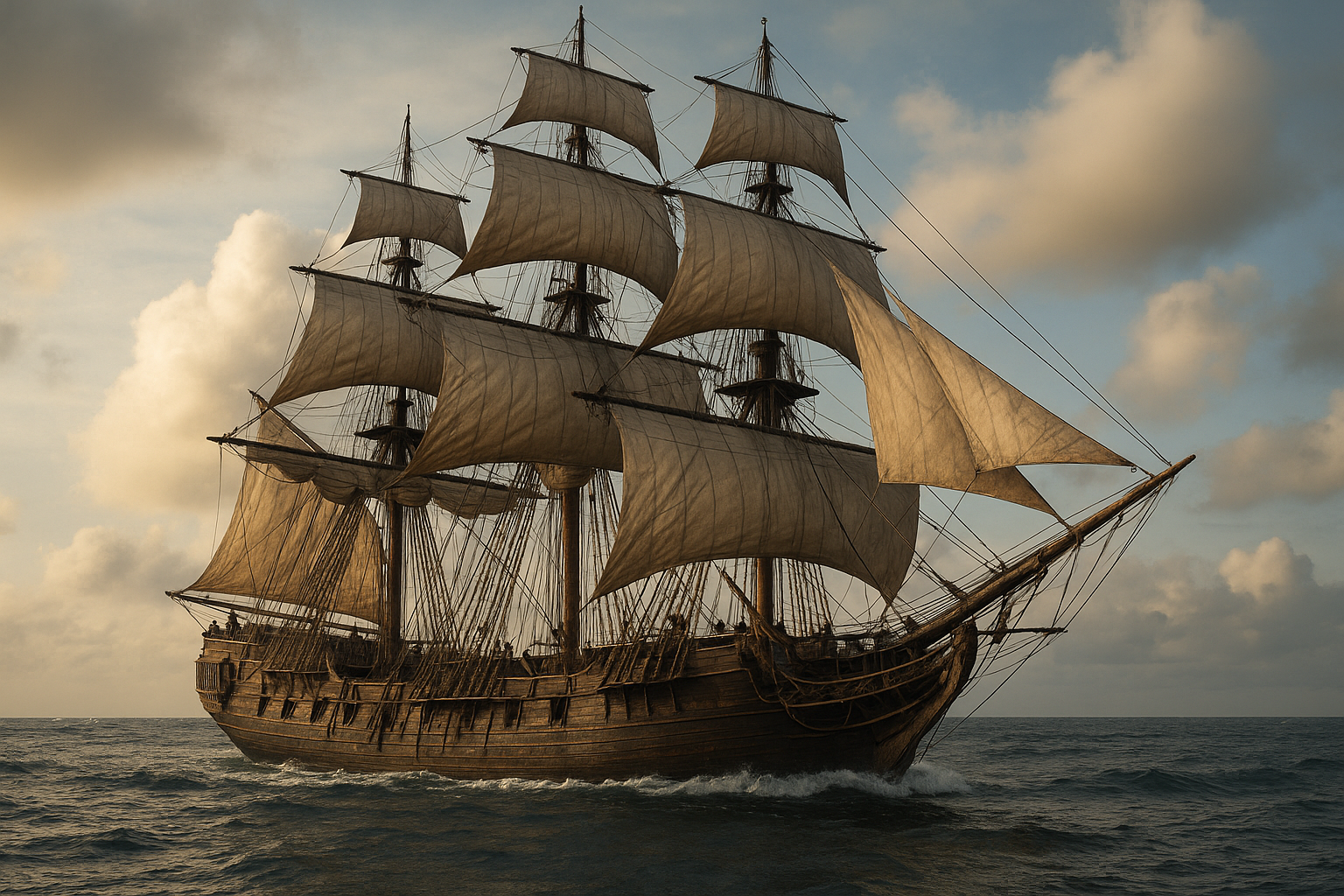 Three-masted frigate under sail