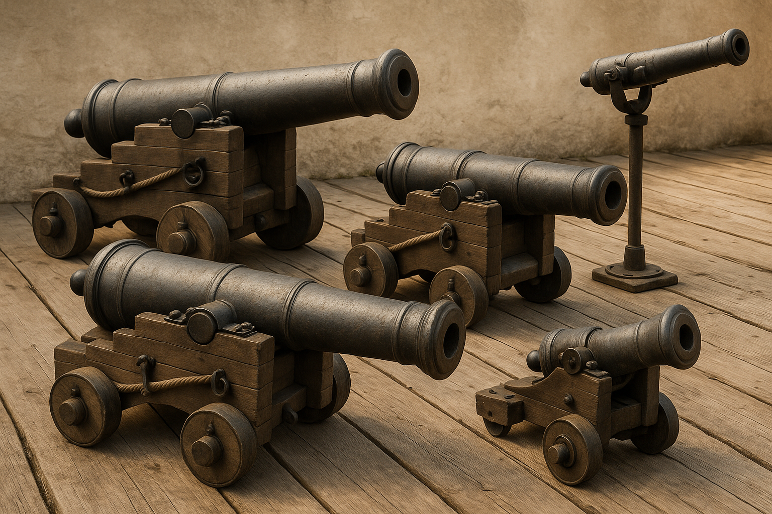 Collection of ship cannons and swivel guns on wooden carriages